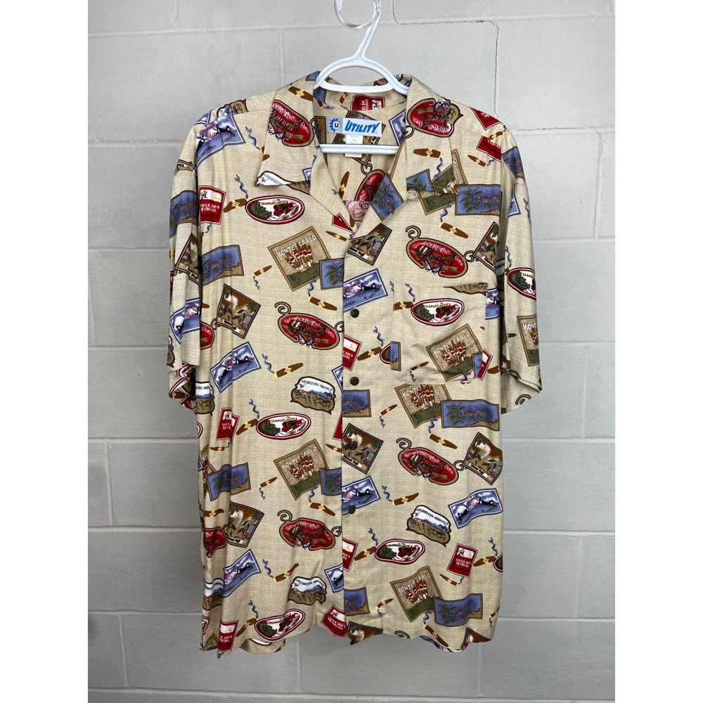 Vintage Utility Cigar Print Button Front Short Sleeve Camp Shirt Medium Vacation